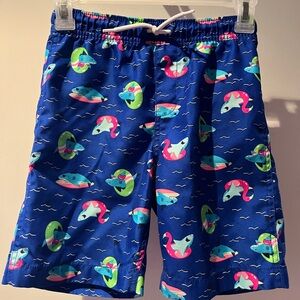 Kids Land’s End Blue Swim Shorts with Colorful Shark Print